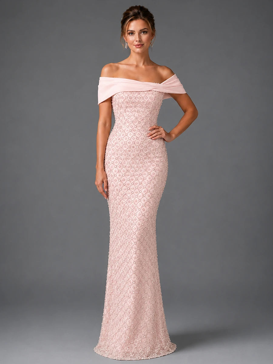 Off-Shoulder Embellished Mermaid Evening Gown with Draped Wrap
