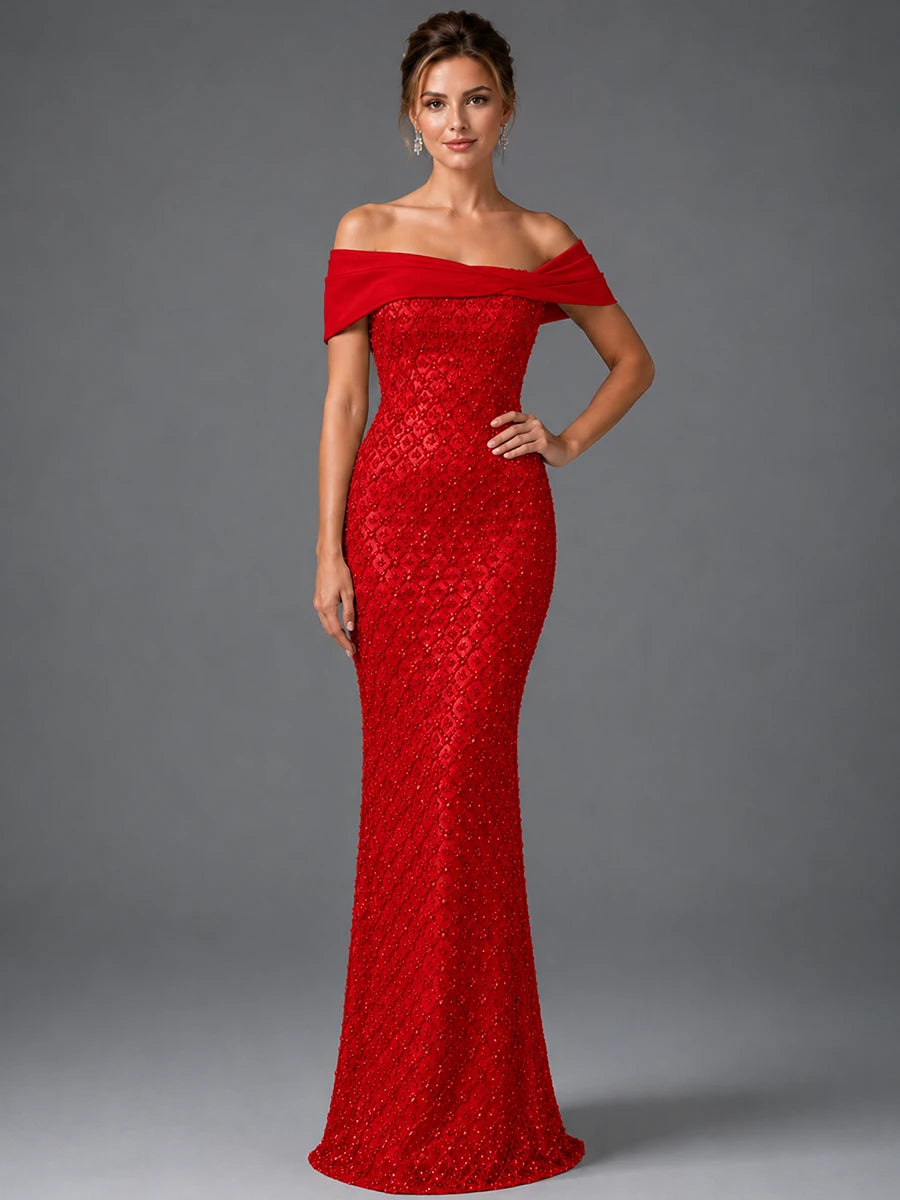 Off-Shoulder Embellished Mermaid Evening Gown with Draped Wrap