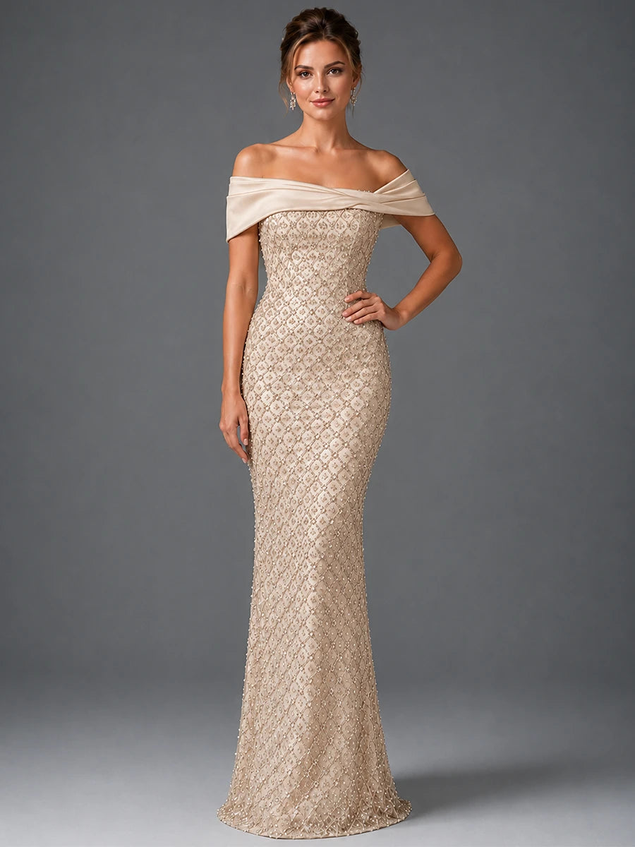 Off-Shoulder Embellished Mermaid Evening Gown with Draped Wrap