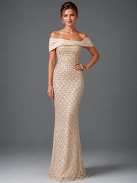 Off-Shoulder Embellished Mermaid Evening Gown with Draped Wrap