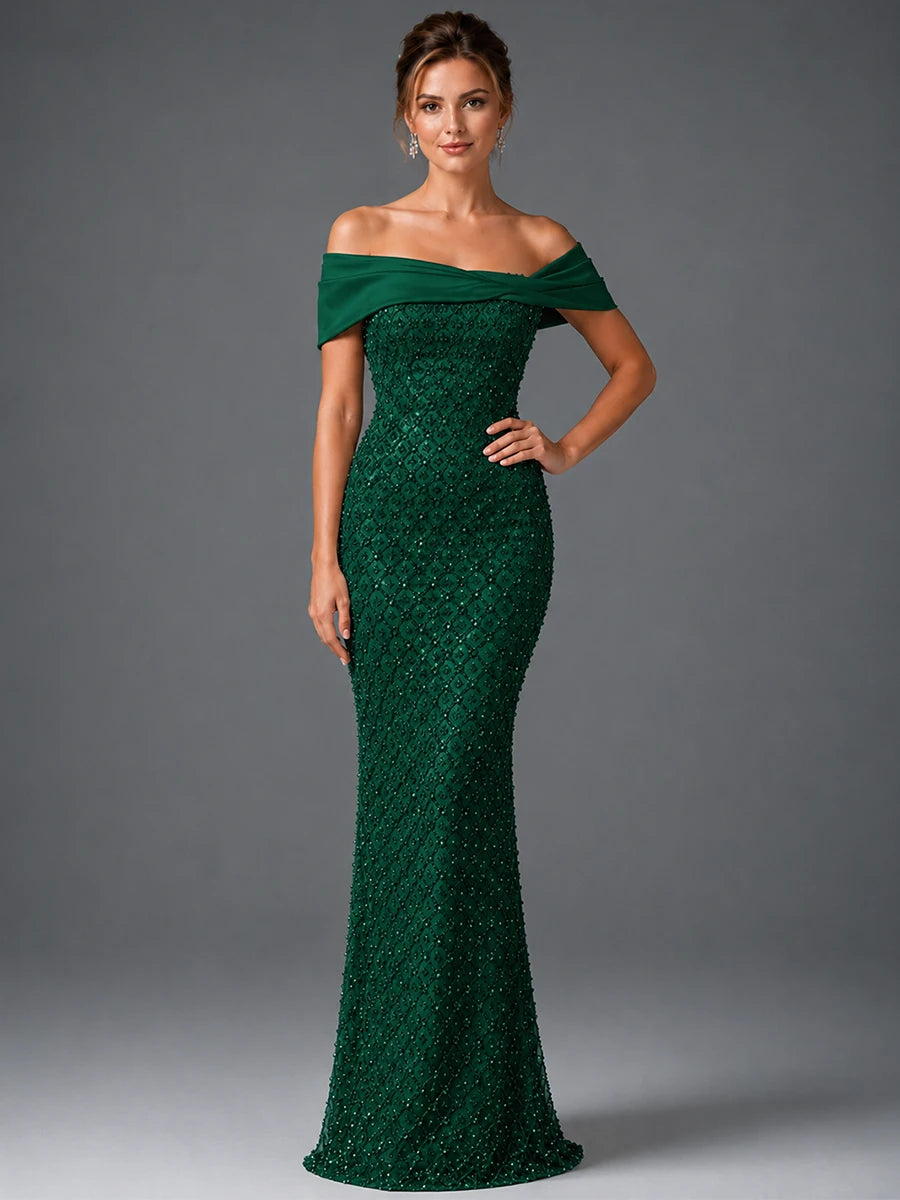Off-Shoulder Embellished Mermaid Evening Gown with Draped Wrap