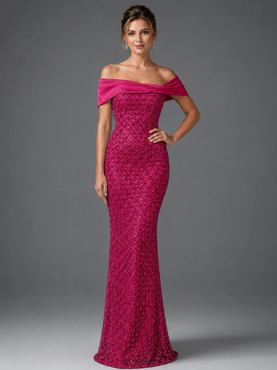 Off-Shoulder Embellished Mermaid Evening Gown with Draped Wrap