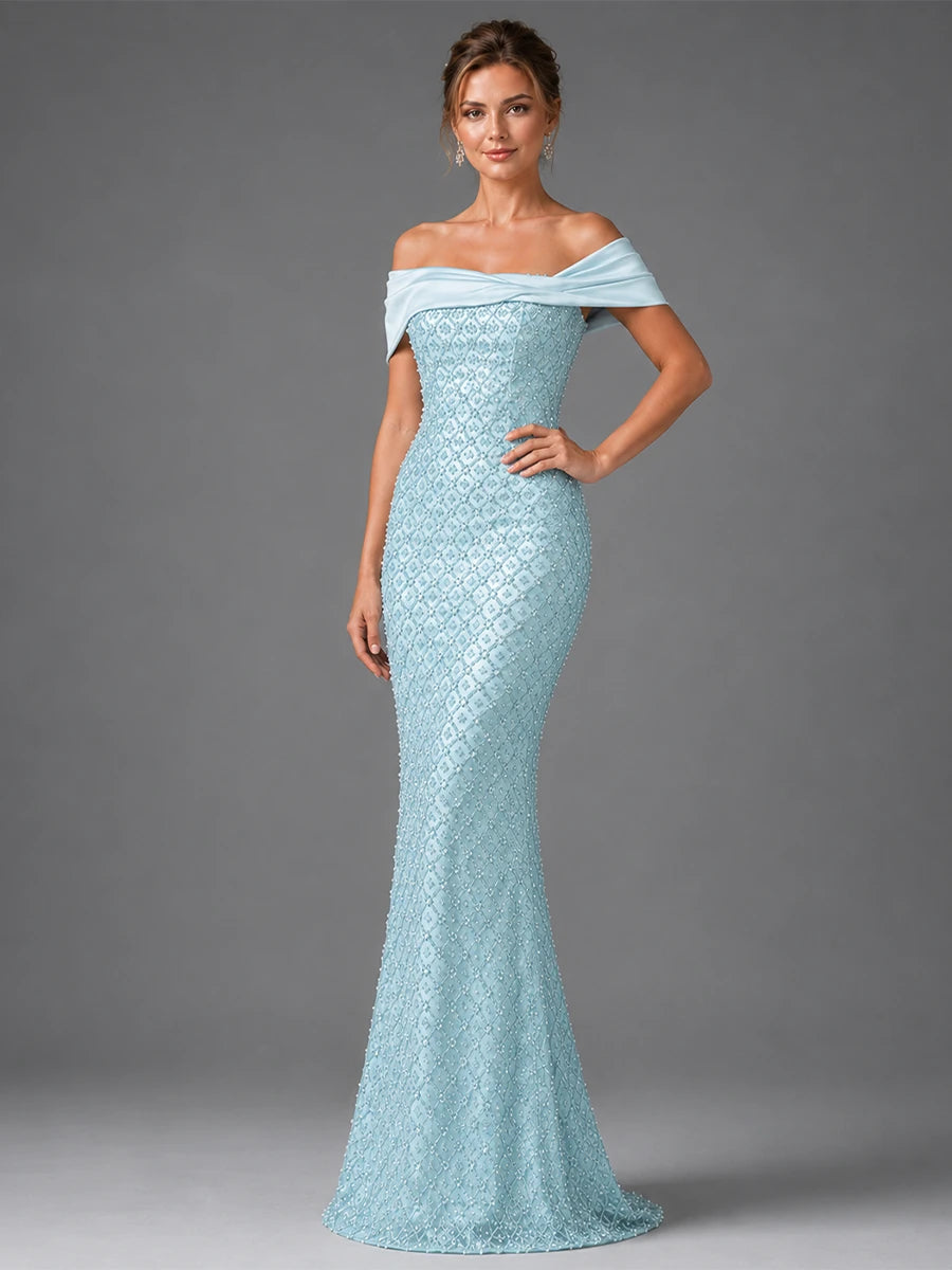 Off-Shoulder Embellished Mermaid Evening Gown with Draped Wrap