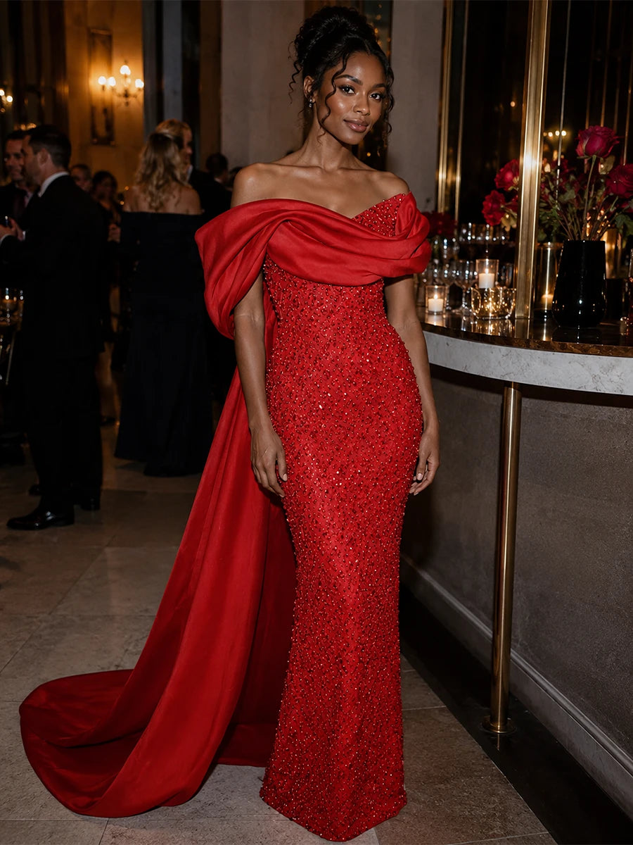 Off-the-Shoulder Beaded Evening Dress with Draped Satin Train