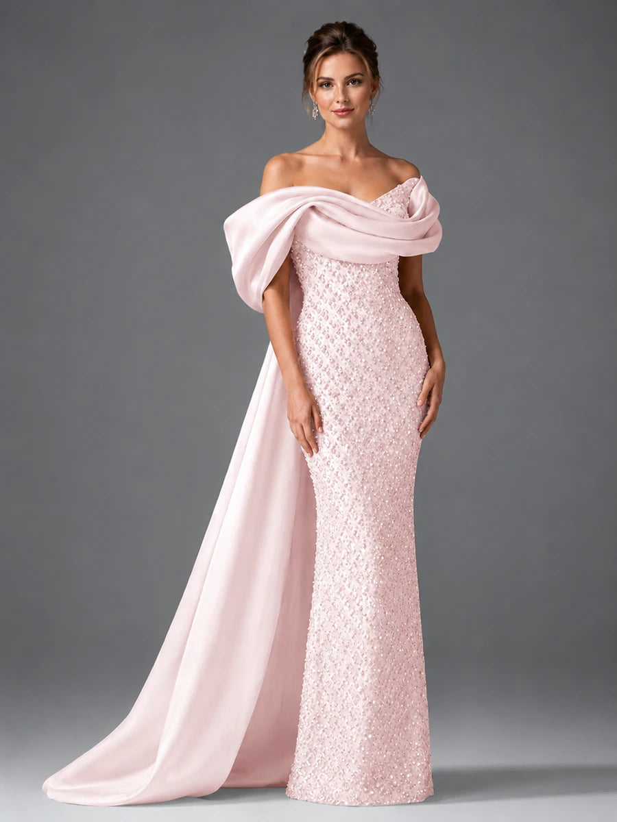 Off-the-Shoulder Beaded Evening Dress with Draped Satin Train