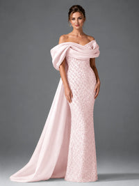 Off-the-Shoulder Beaded Evening Dress with Draped Satin Train