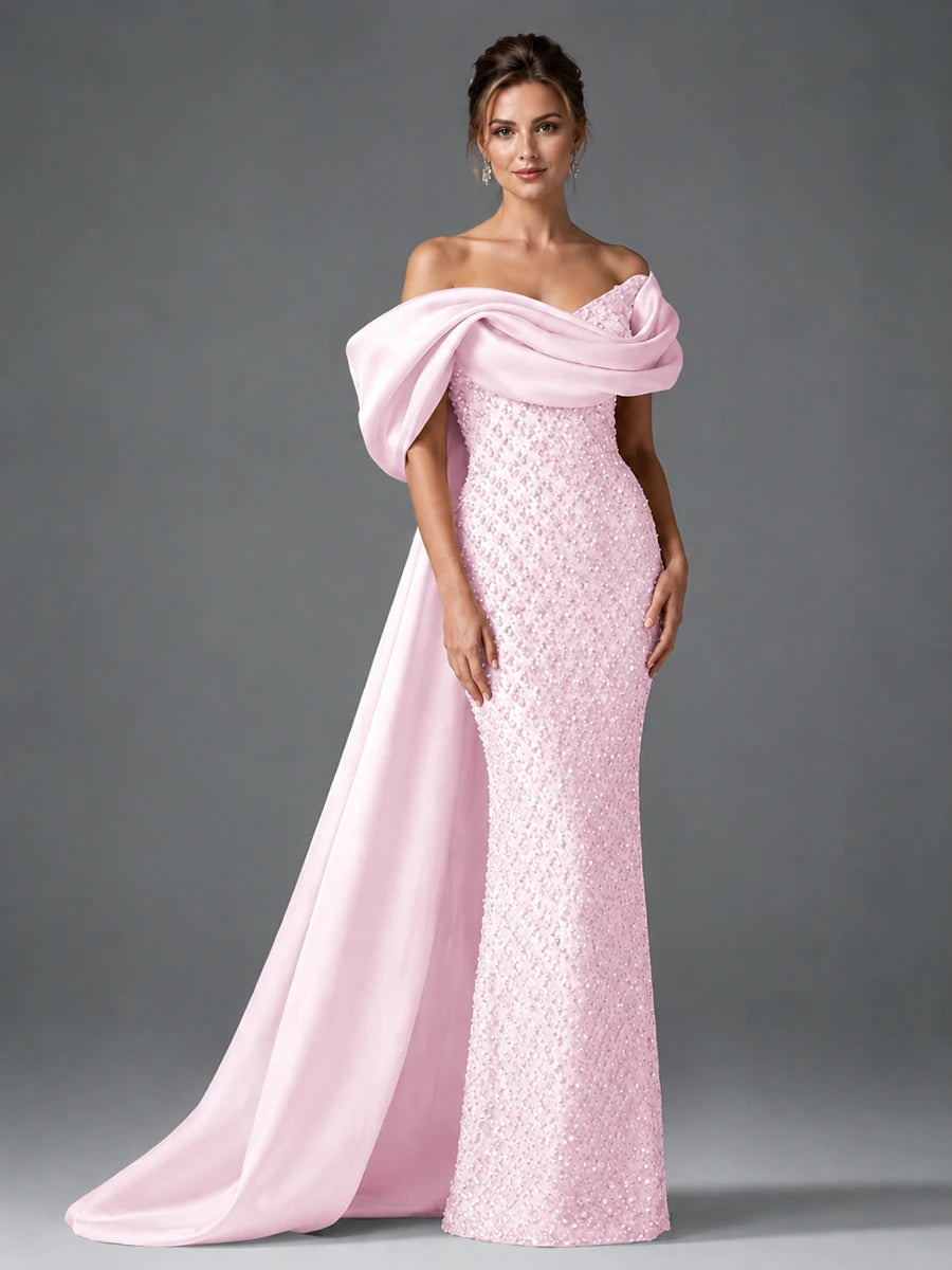 Off-the-Shoulder Beaded Evening Dress with Draped Satin Train