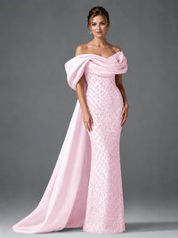 Off-the-Shoulder Beaded Evening Dress with Draped Satin Train