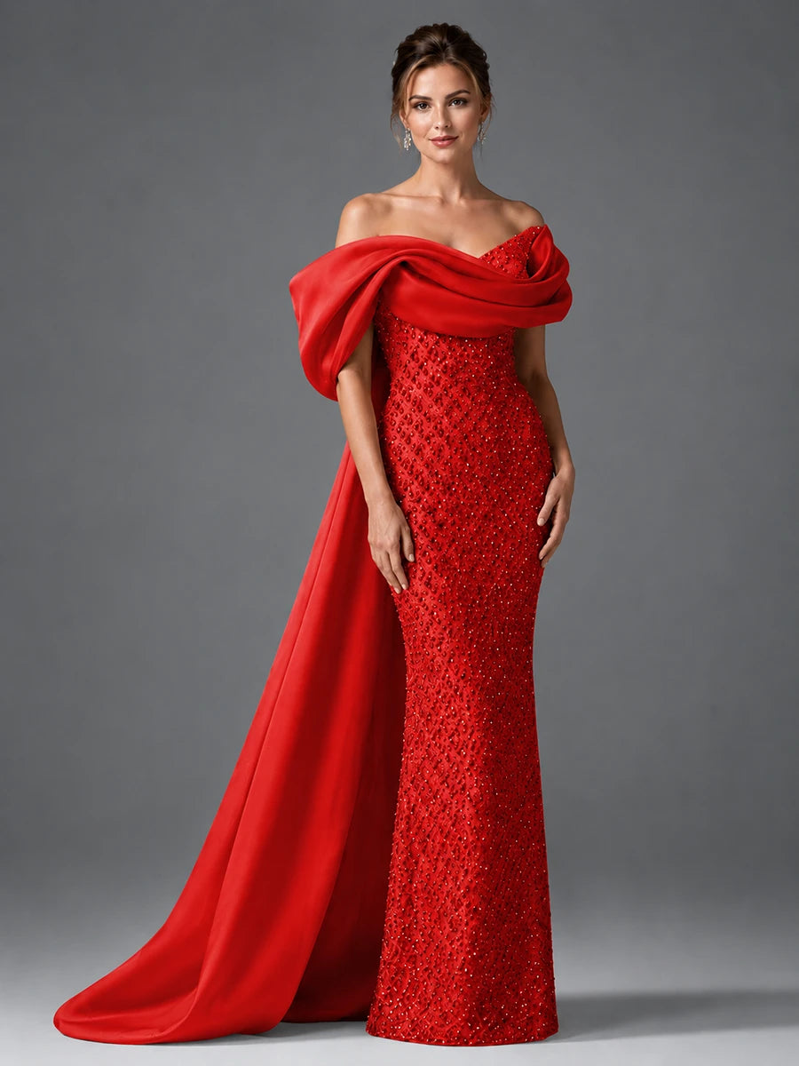 Off-the-Shoulder Beaded Evening Dress with Draped Satin Train