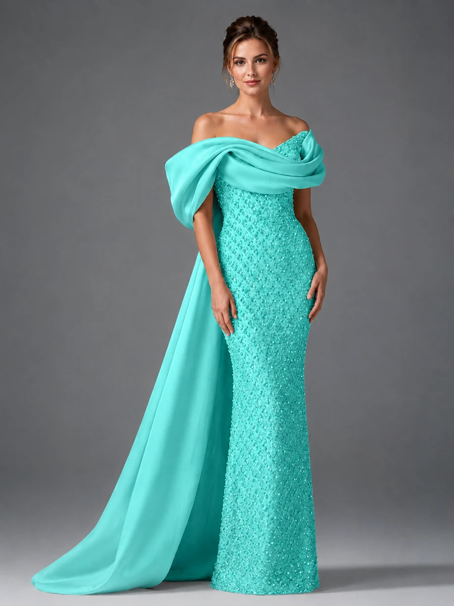 Off-the-Shoulder Beaded Evening Dress with Draped Satin Train