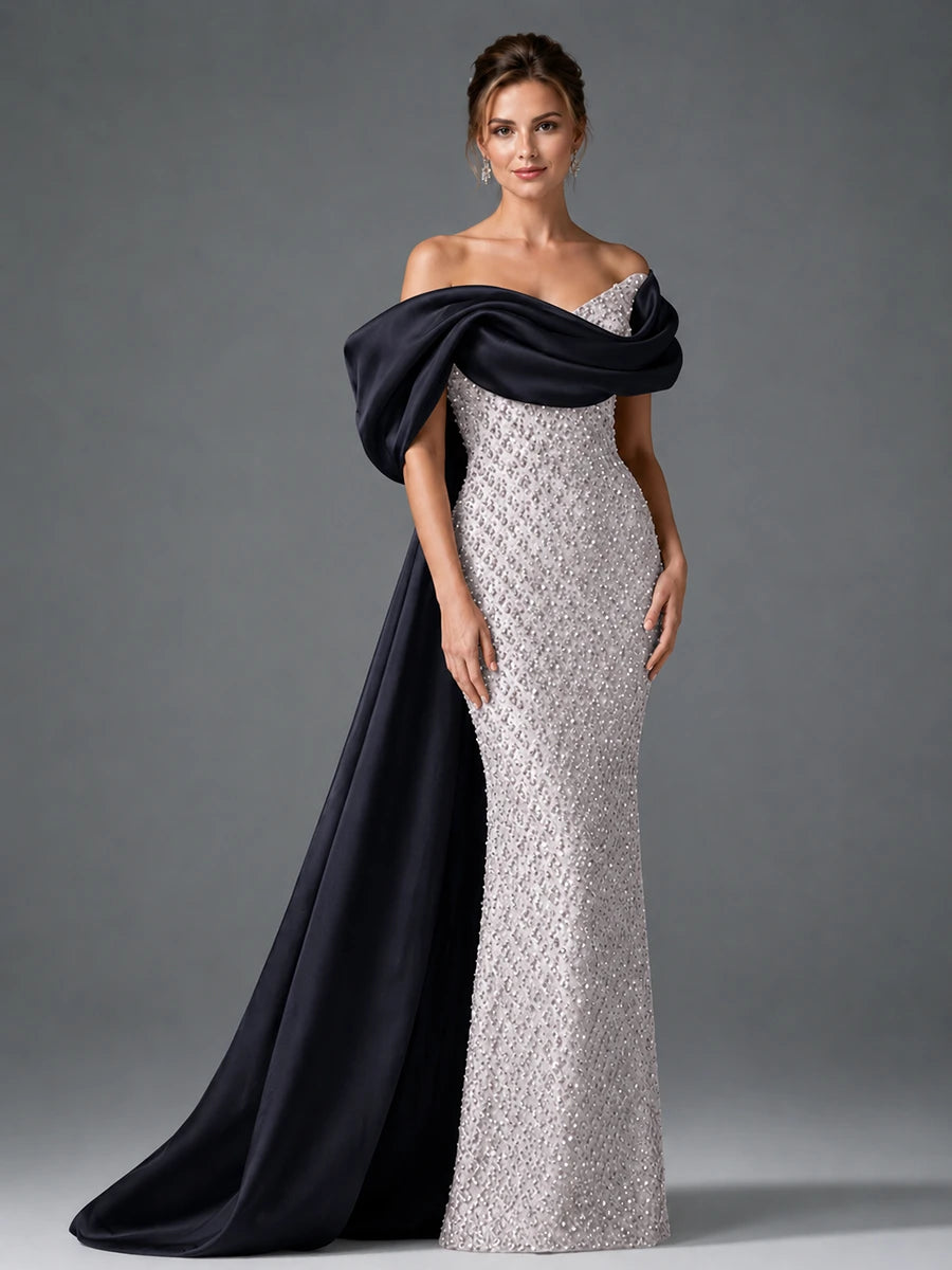 Off-the-Shoulder Beaded Evening Dress with Draped Satin Train