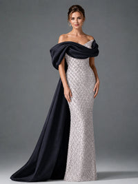 Off-the-Shoulder Beaded Evening Dress with Draped Satin Train