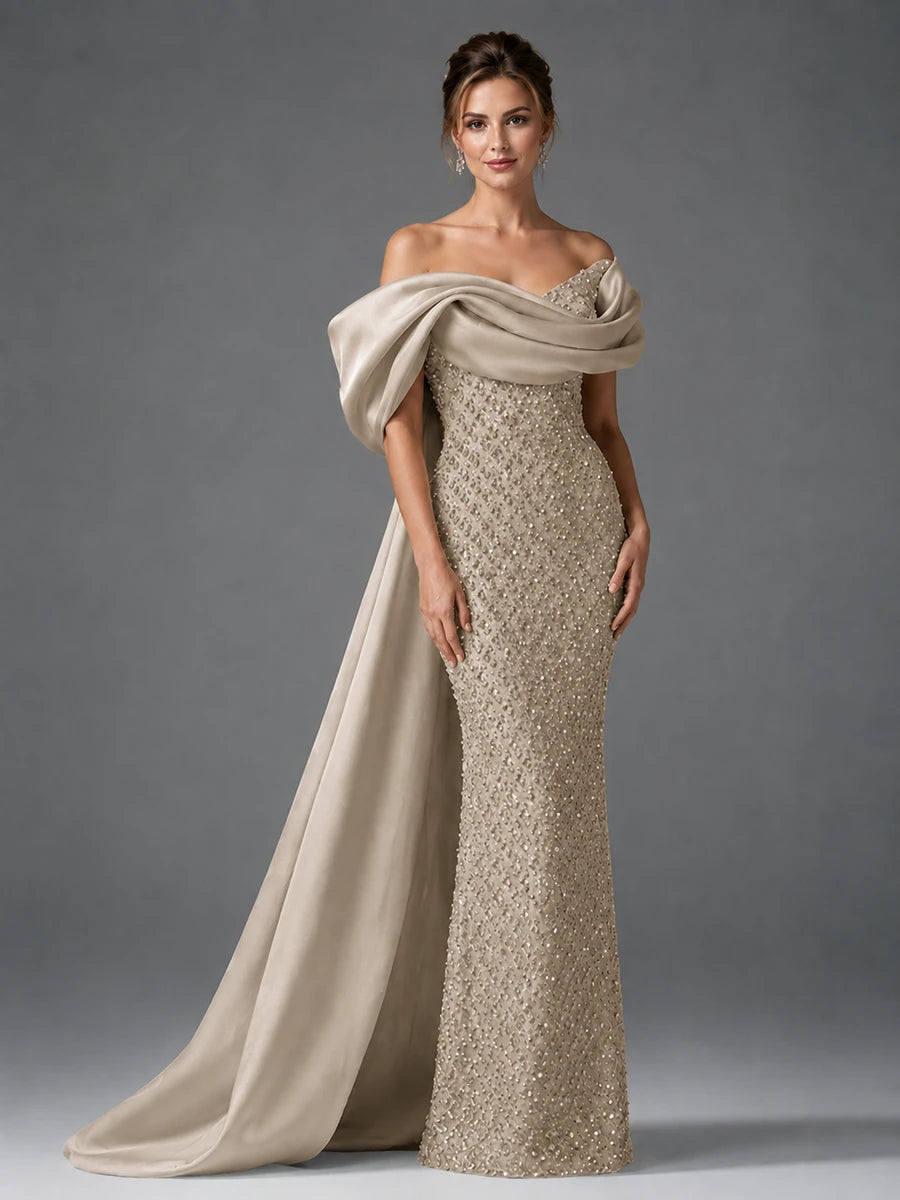 Off-the-Shoulder Beaded Evening Dress with Draped Satin Train