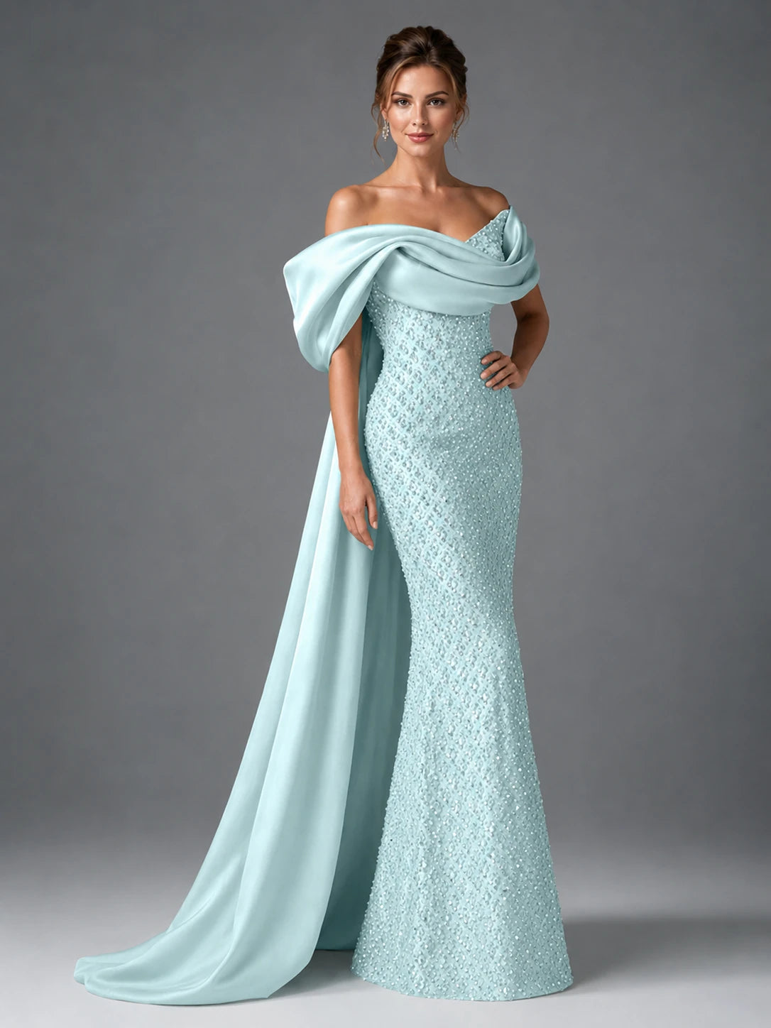 Off-the-Shoulder Beaded Evening Dress with Draped Satin Train