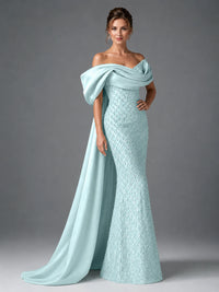 Off-the-Shoulder Beaded Evening Dress with Draped Satin Train