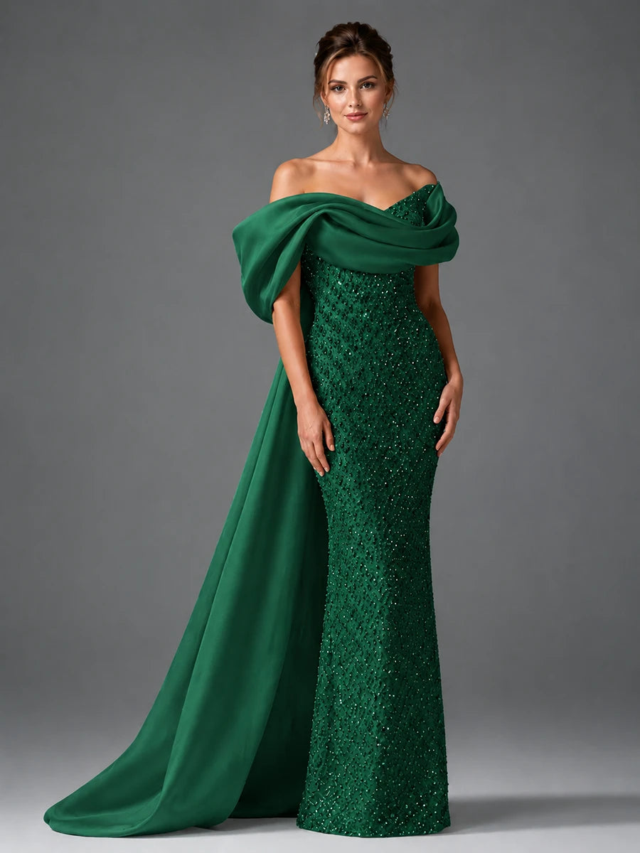 Off-the-Shoulder Beaded Evening Dress with Draped Satin Train