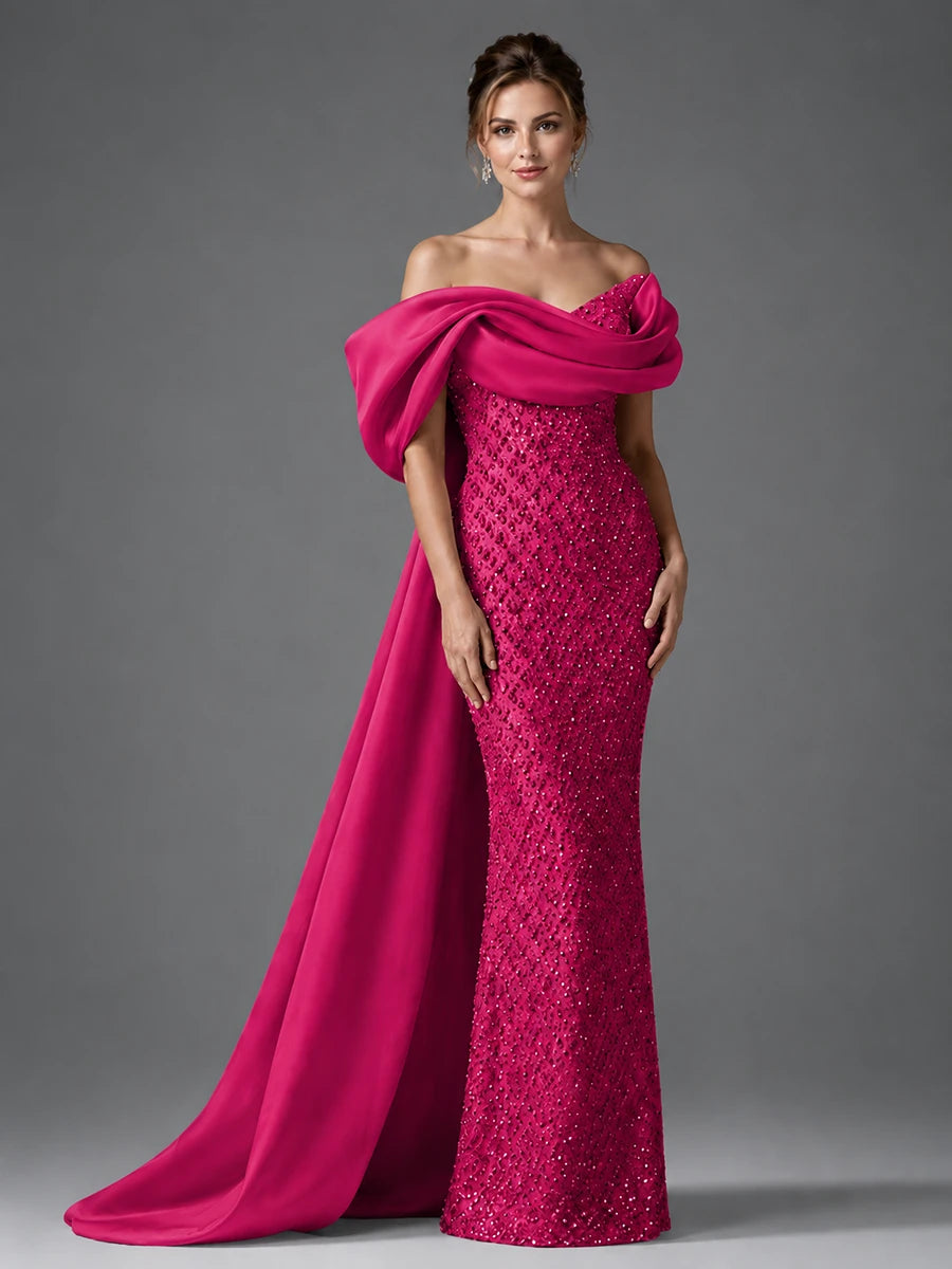 Off-the-Shoulder Beaded Evening Dress with Draped Satin Train
