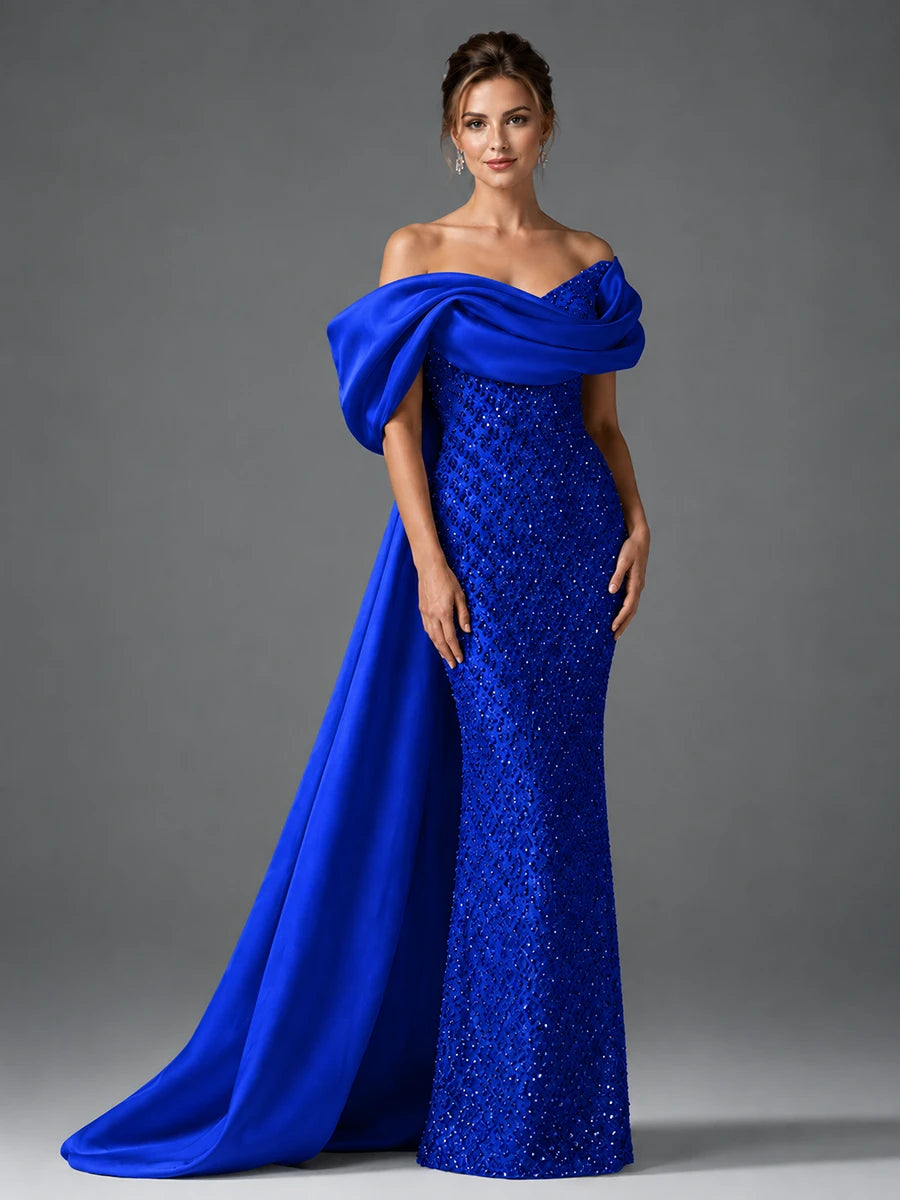 Off-the-Shoulder Beaded Evening Dress with Draped Satin Train