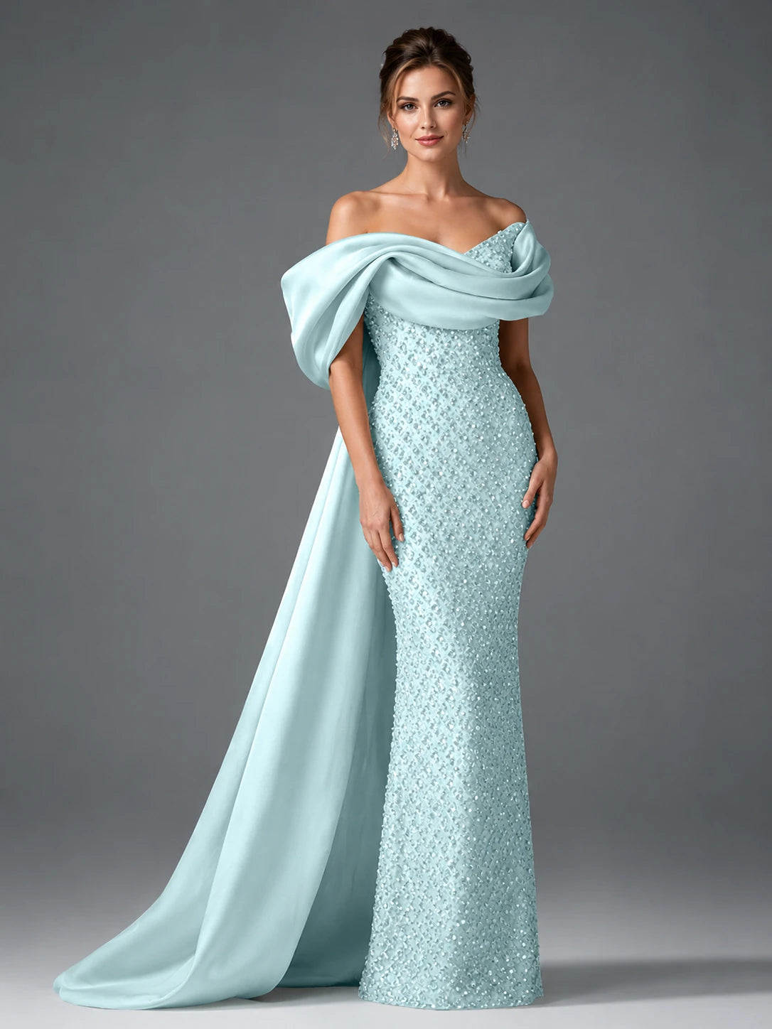 Off-the-Shoulder Beaded Evening Dress with Draped Satin Train