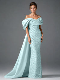 Off-the-Shoulder Beaded Evening Dress with Draped Satin Train
