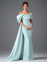 Off-the-Shoulder Beaded Evening Dress with Draped Satin Train