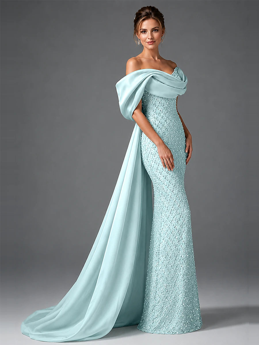 Off-the-Shoulder Beaded Evening Dress with Draped Satin Train