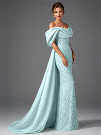 Off-the-Shoulder Beaded Evening Dress with Draped Satin Train