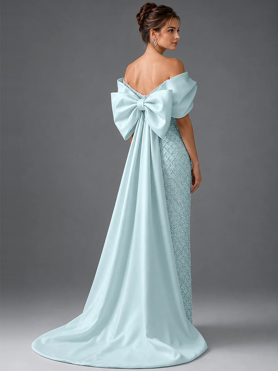 Off-the-Shoulder Beaded Evening Dress with Draped Satin Train