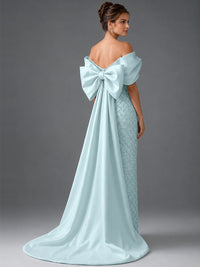 Off-the-Shoulder Beaded Evening Dress with Draped Satin Train