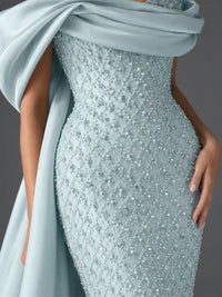 Off-the-Shoulder Beaded Evening Dress with Draped Satin Train