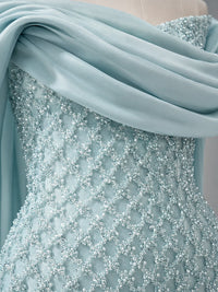 Off-the-Shoulder Beaded Evening Dress with Draped Satin Train