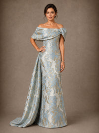 Draped Off Shoulder Floral Jacquard Mother of the Bride Gown