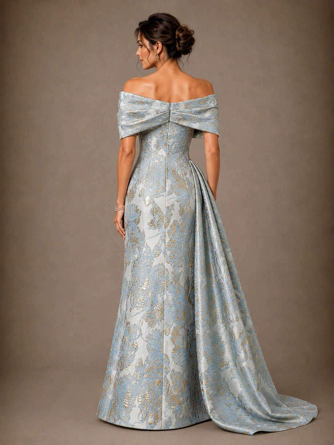 Draped Off Shoulder Floral Jacquard Mother of the Bride Gown