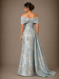 Draped Off Shoulder Floral Jacquard Mother of the Bride Gown