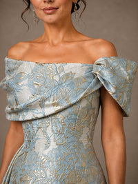 Draped Off Shoulder Floral Jacquard Mother of the Bride Gown