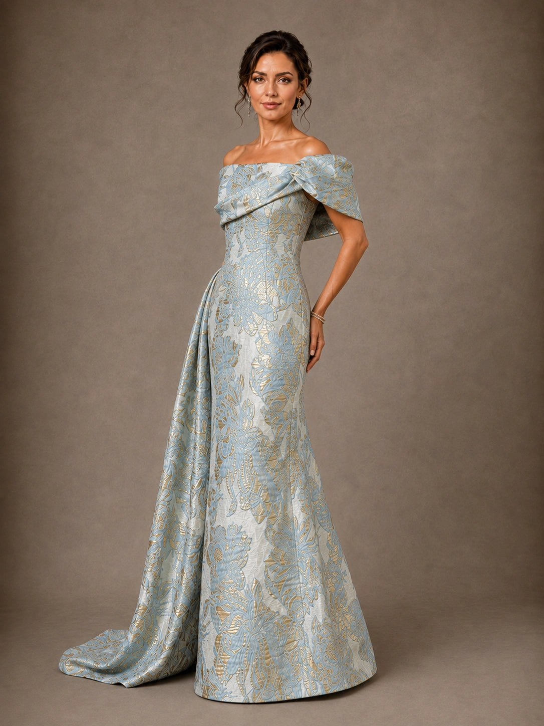 Draped Off Shoulder Floral Jacquard Mother of the Bride Gown