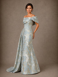 Draped Off Shoulder Floral Jacquard Mother of the Bride Gown