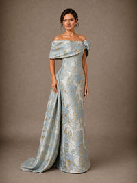 Draped Off Shoulder Floral Jacquard Mother of the Bride Gown