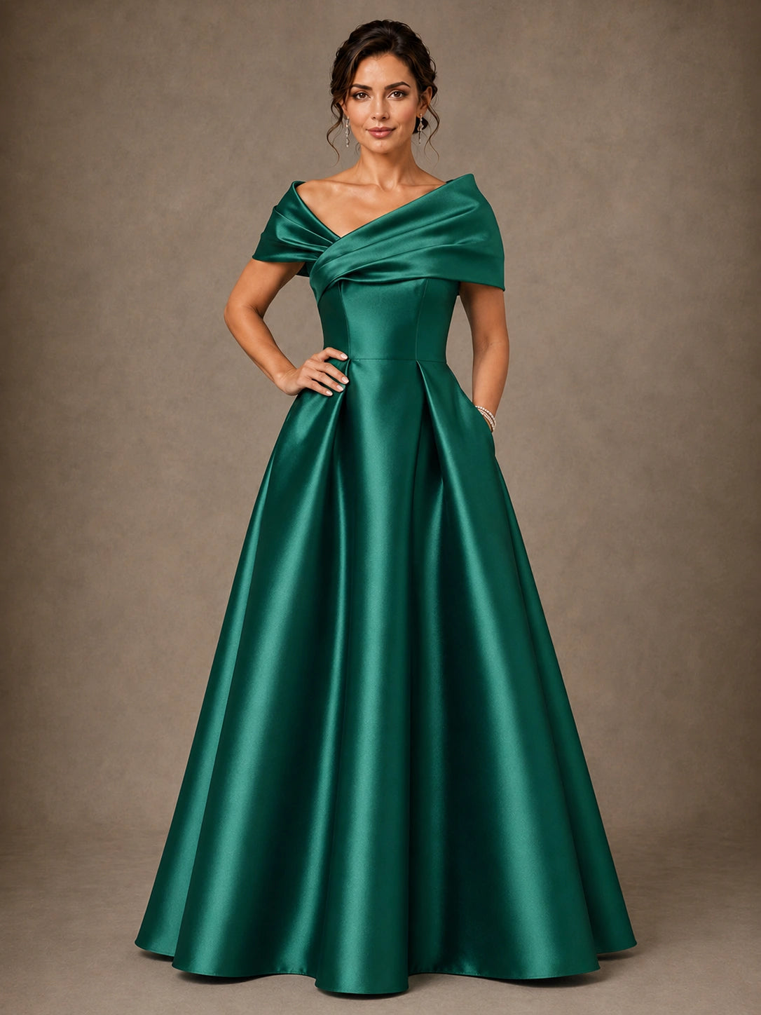 Draped Off Shoulder Satin A-Line Mother of the Bride Gown
