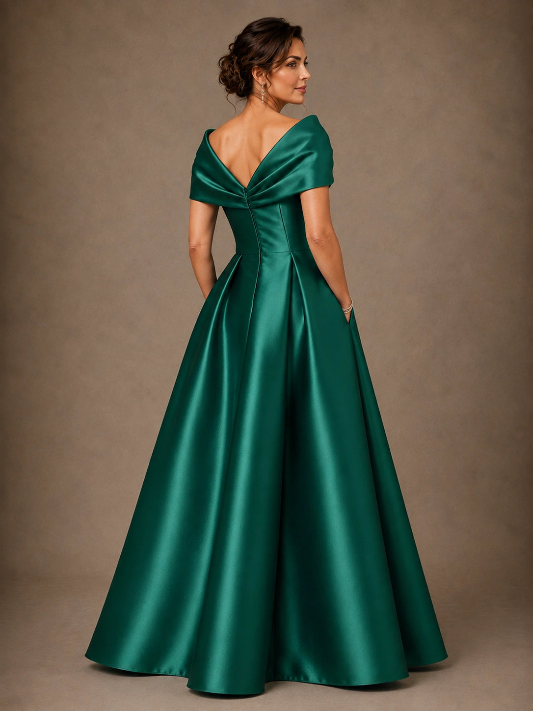 Draped Off Shoulder Satin A-Line Mother of the Bride Gown