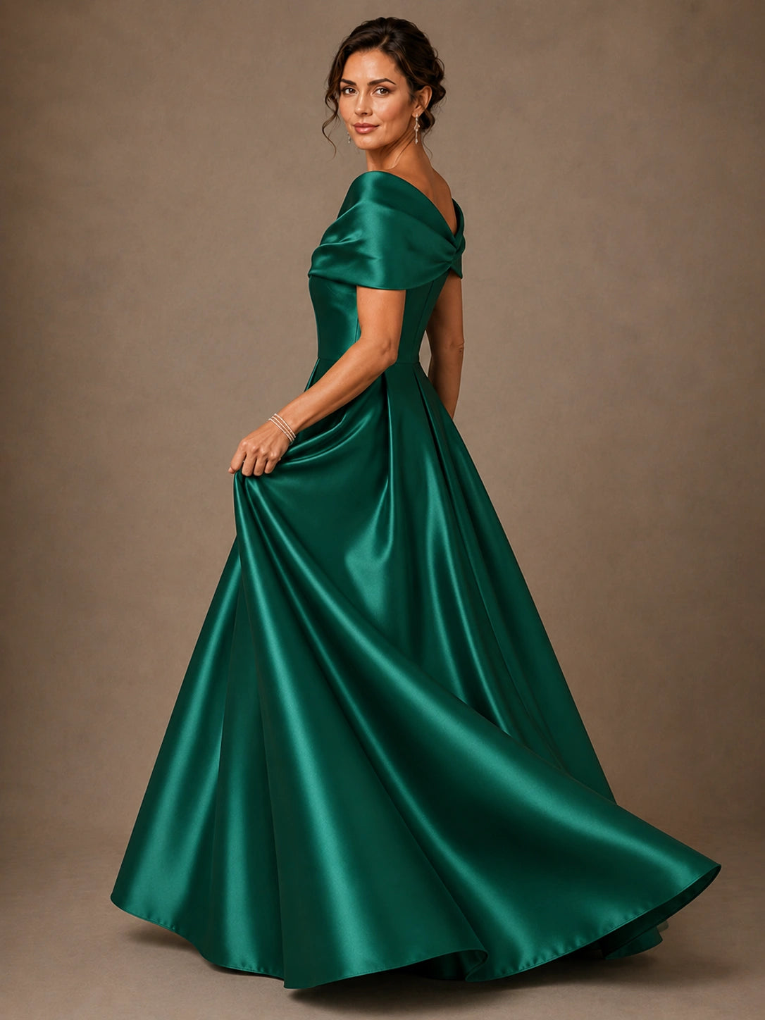 Draped Off Shoulder Satin A-Line Mother of the Bride Gown