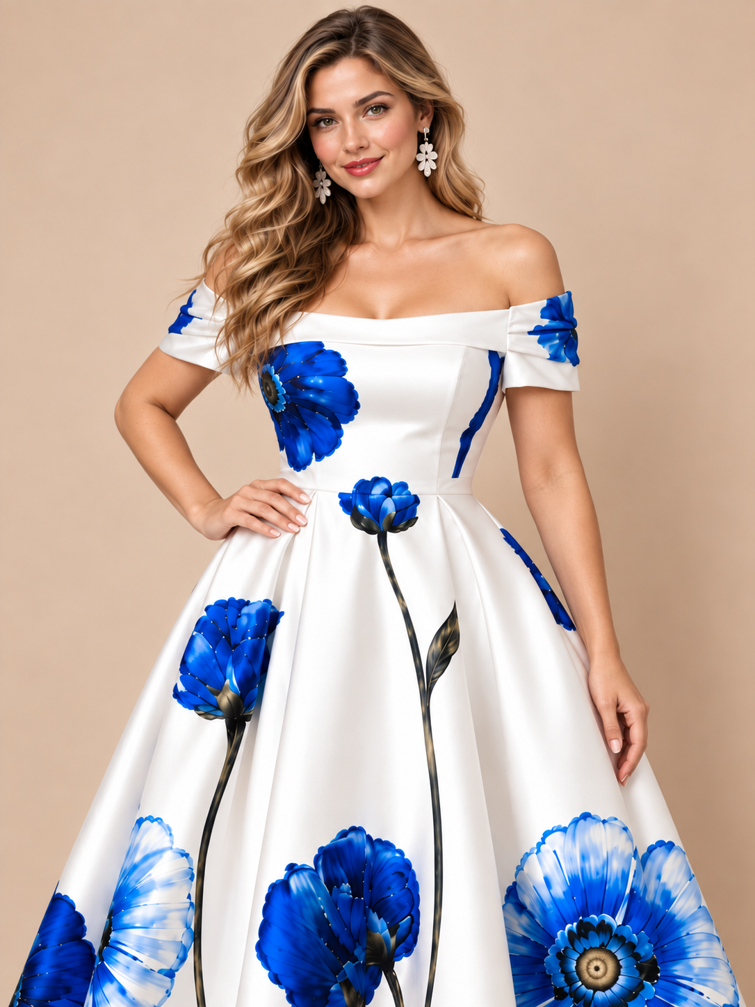 Off shoulder blue floral A-line evening gown