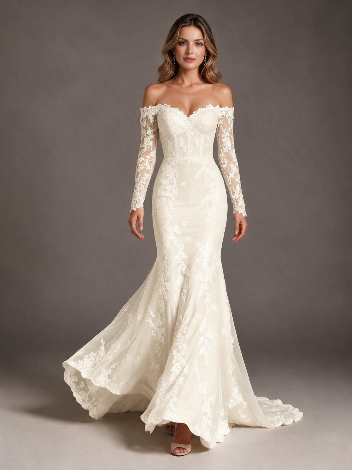 Off the shoulder long sleeve wedding dress