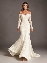 Off the shoulder long sleeve wedding dress