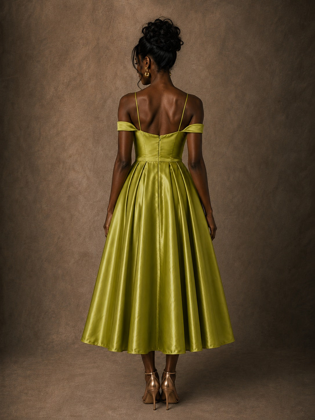 Olive Green Satin 3D Rosette Off-Shoulder A-Line Midi Dress