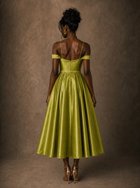 Olive Green Satin 3D Rosette Off-Shoulder A-Line Midi Dress