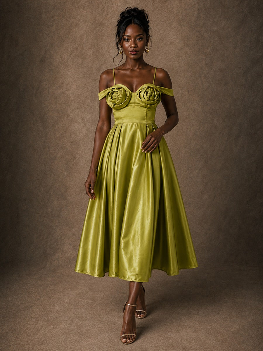 Olive Green Satin 3D Rosette Off-Shoulder A-Line Midi Dress