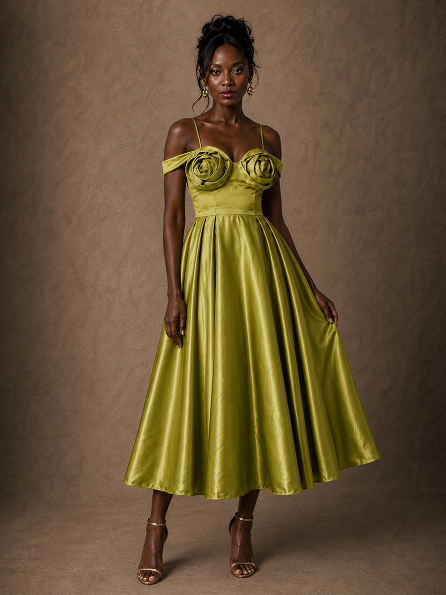 Olive Green Satin 3D Rosette Off-Shoulder A-Line Midi Dress