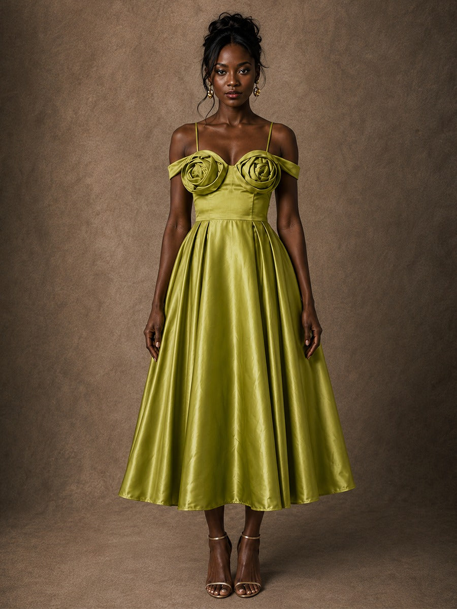 Olive Green Satin 3D Rosette Off-Shoulder A-Line Midi Dress