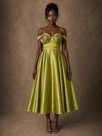 Olive Green Satin 3D Rosette Off-Shoulder A-Line Midi Dress